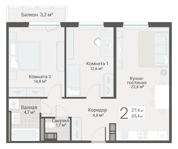 3-комнатная (Евро) квартира, 65.4 м² в ЖК "Руднева 15" - планировка, фото №1