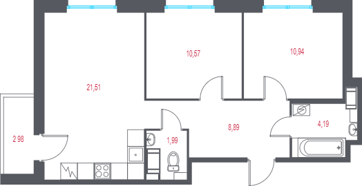 3-комнатная (Евро) квартира, 59.58 м² в ЖК "Город-спутник Южный" - планировка, фото №1