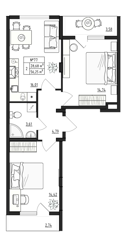 3-комнатная (Евро) квартира, 56.25 м² - планировка, фото №1