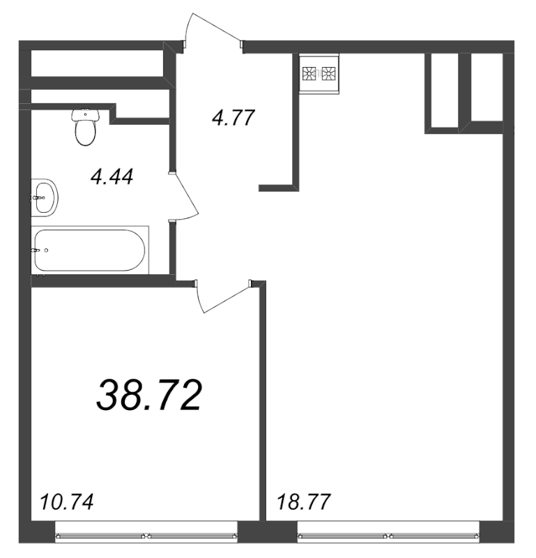 2-комнатная (Евро) квартира, 38.72 м² - планировка, фото №1