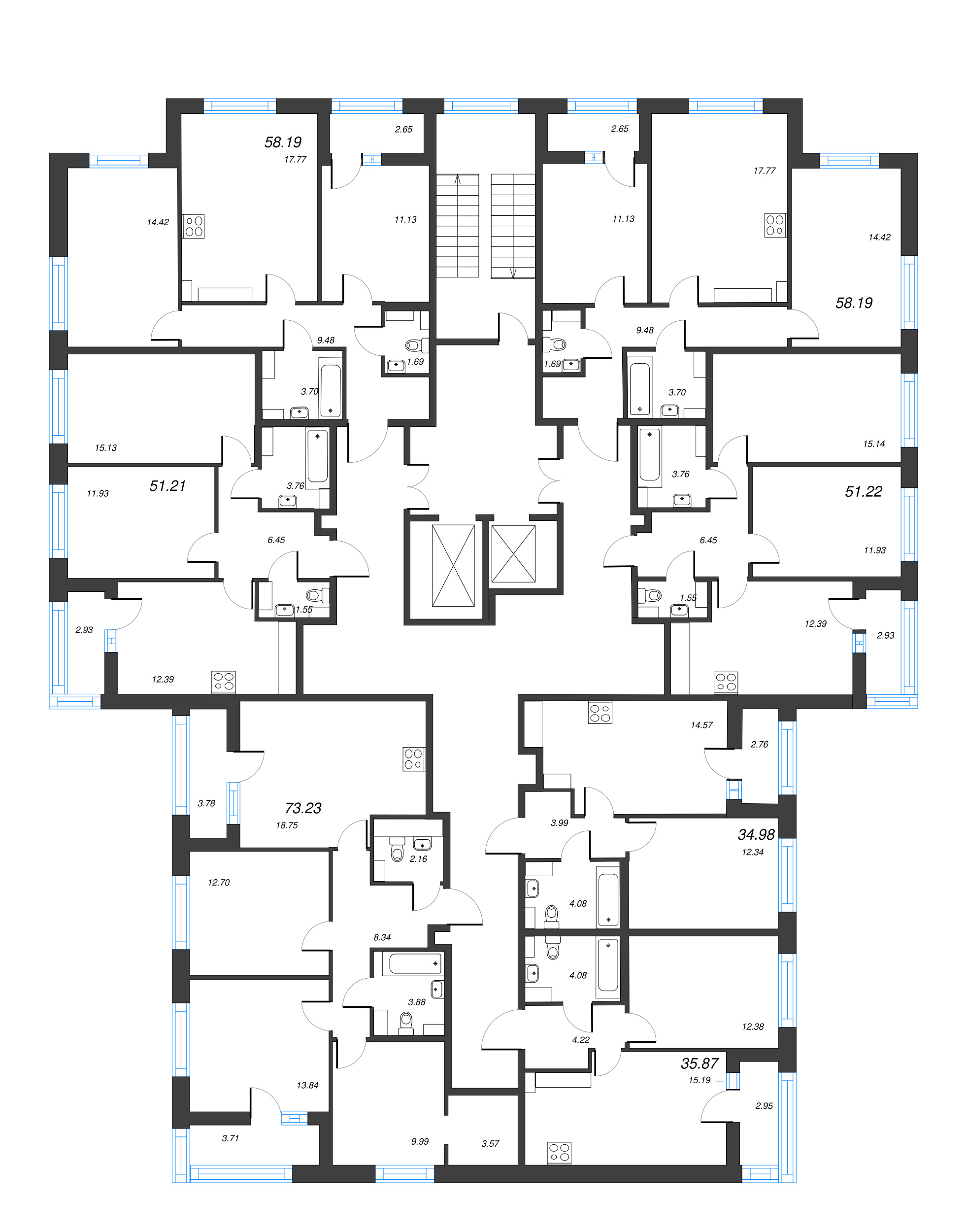 3-комнатная (Евро) квартира, 58.19 м² - планировка этажа