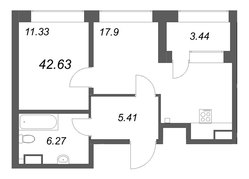 2-комнатная (Евро) квартира, 42.63 м² в ЖК "Аквилон Солар Парк" - планировка, фото №1