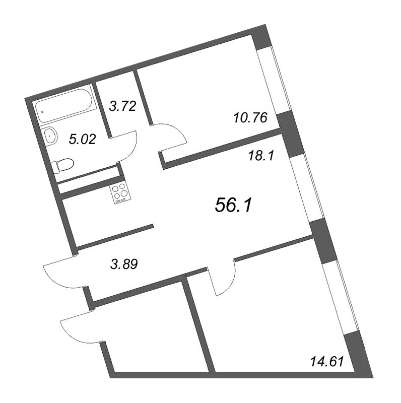 3-комнатная (Евро) квартира, 56.1 м² - планировка, фото №1