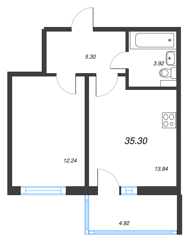 1-комнатная квартира, 35.3 м² в ЖК "Любоград" - планировка, фото №1