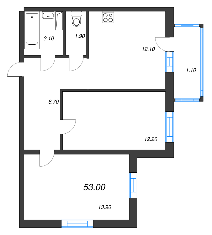 2-комнатная квартира, 53 м² в ЖК "Ветер перемен 2" - планировка, фото №1
