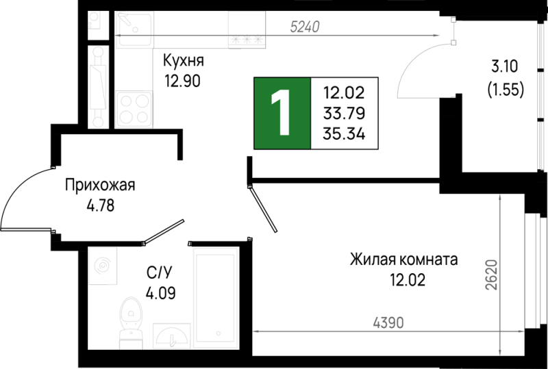 1-комнатная квартира, 35.34 м² в ЖК "Имена" - планировка, фото №1