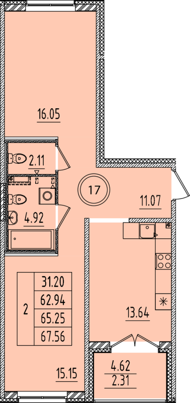 2-комнатная квартира, 62.94 м² - планировка, фото №1