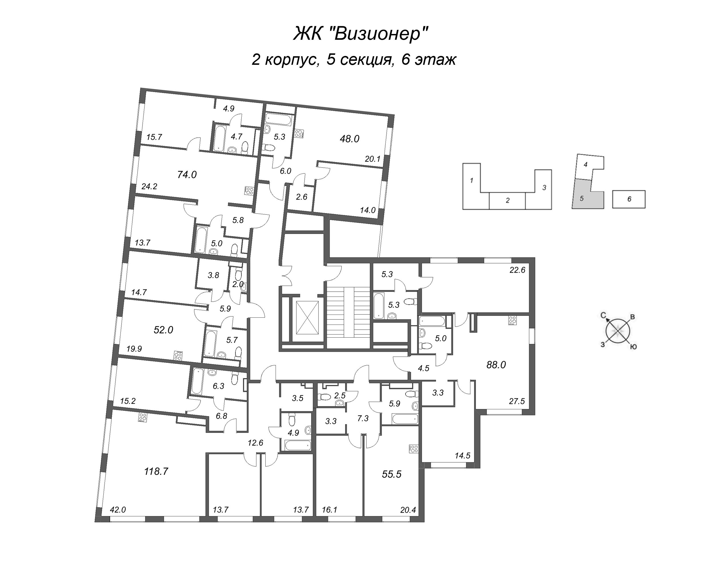 2-комнатная (Евро) квартира, 52.2 м² в ЖК "Визионер" - планировка этажа