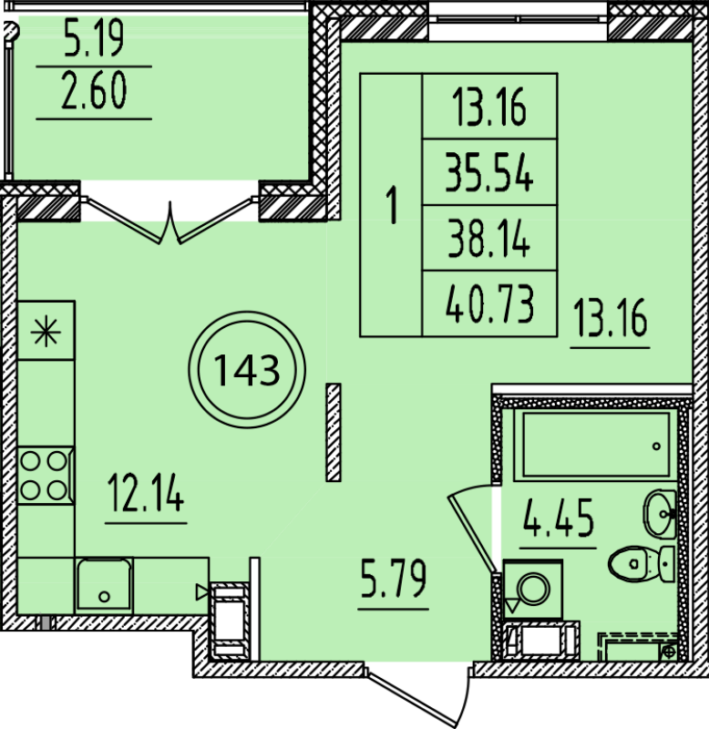 1-комнатная квартира, 35.54 м² в ЖК "Образцовый квартал 14" - планировка, фото №1