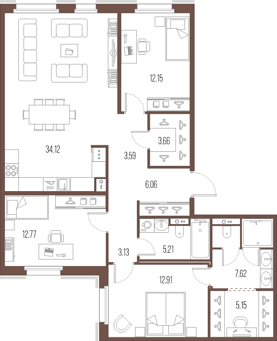 4-комнатная (Евро) квартира, 105.73 м² в ЖК "Большой Сампсониевский, 32" - планировка, фото №1