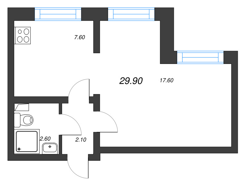 1-комнатная квартира, 29.9 м² - планировка, фото №1