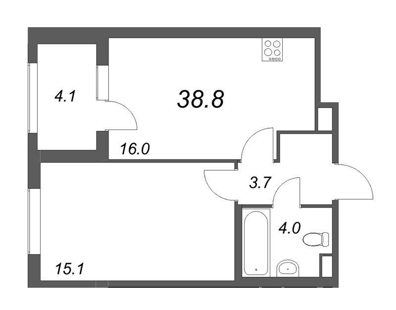 2-комнатная (Евро) квартира, 38.8 м² - планировка, фото №1