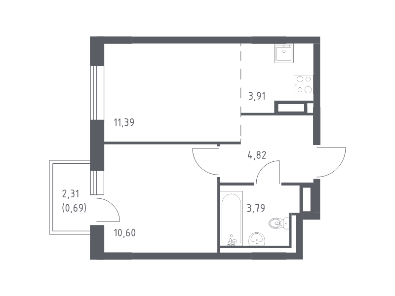 2-комнатная (Евро) квартира, 35.2 м² в ЖК "Квартал Лаголово" - планировка, фото №1