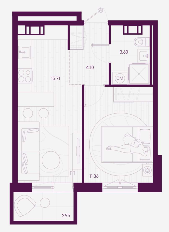 1-комнатная квартира, 35.66 м² - планировка, фото №1