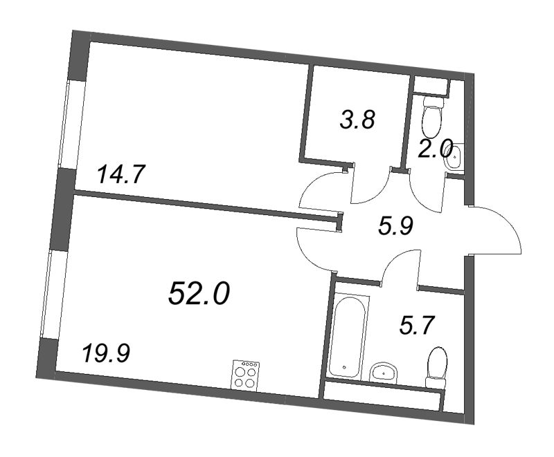 2-комнатная (Евро) квартира, 52.2 м² в ЖК "Визионер" - планировка, фото №1