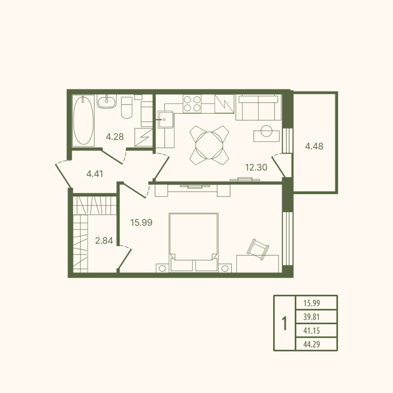 1-комнатная квартира, 41.15 м² в ЖК "Рауни" - планировка, фото №1