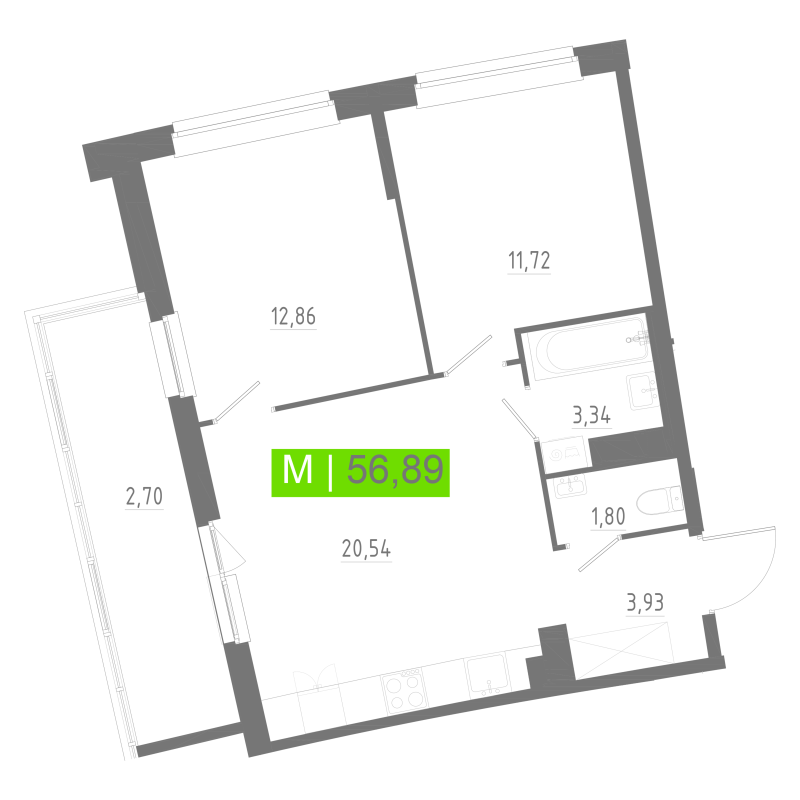 3-комнатная (Евро) квартира, 56.89 м² в ЖК "Аквилон РИВА" - планировка, фото №1