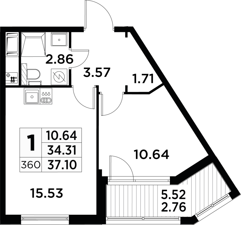 1-комнатная квартира, 38.5 м² - планировка, фото №1