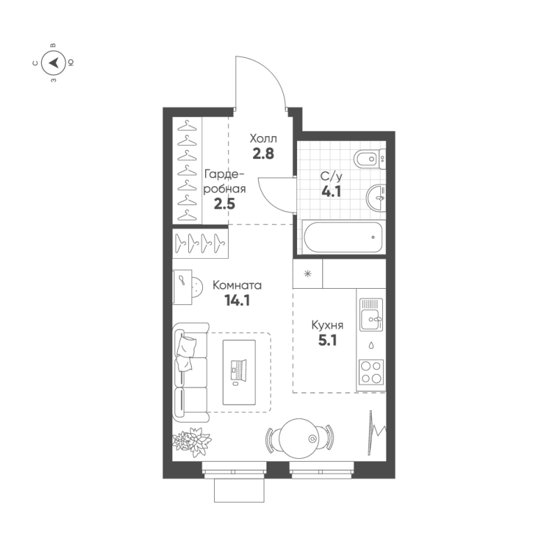 Квартира-студия, 28.6 м² в ЖК "Ягодное Река Парк" - планировка, фото №1