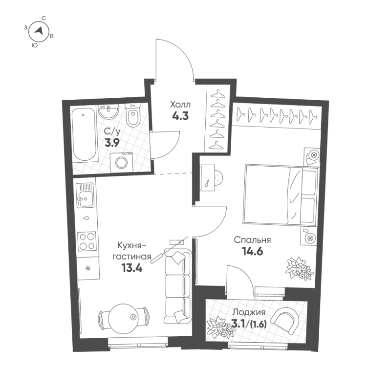 1-комнатная квартира, 37.8 м² в ЖК "Ягодное Река Парк" - планировка, фото №1
