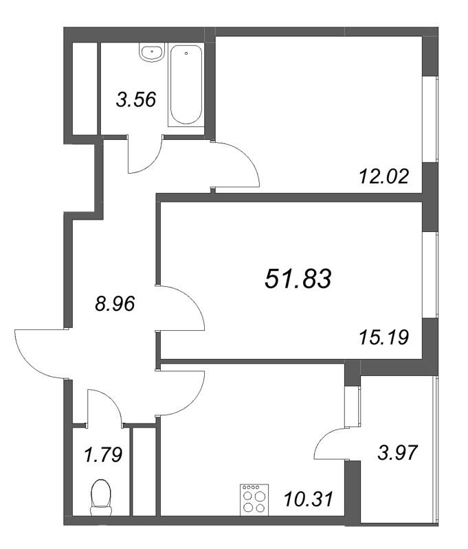 2-комнатная квартира, 51.83 м² - планировка, фото №1