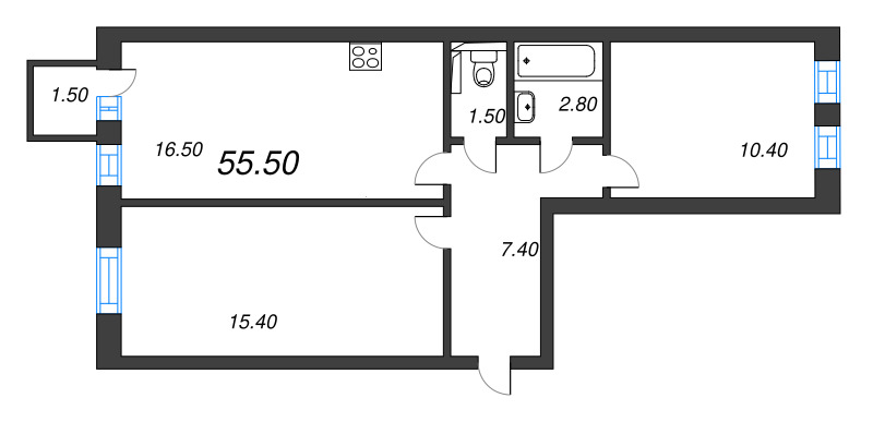 3-комнатная (Евро) квартира, 54.5 м² в ЖК "Эко Квартал Нега" - планировка, фото №1