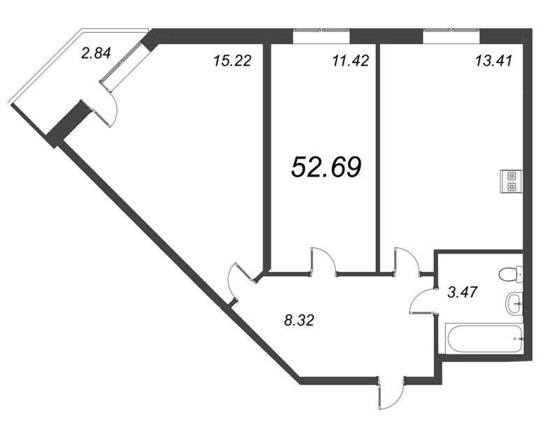 2-комнатная квартира, 52.69 м² - планировка, фото №1