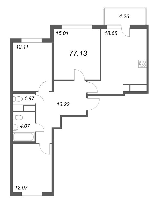 4-комнатная (Евро) квартира, 77.13 м² - планировка, фото №1