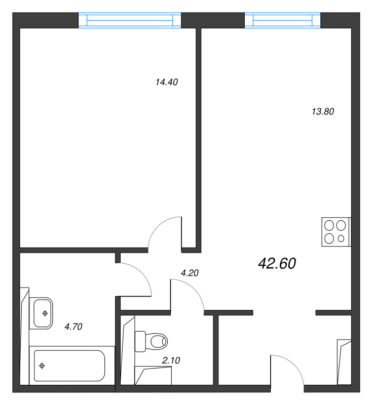 1-комнатная квартира, 42.6 м² в ЖК "Руднева 15" - планировка, фото №1