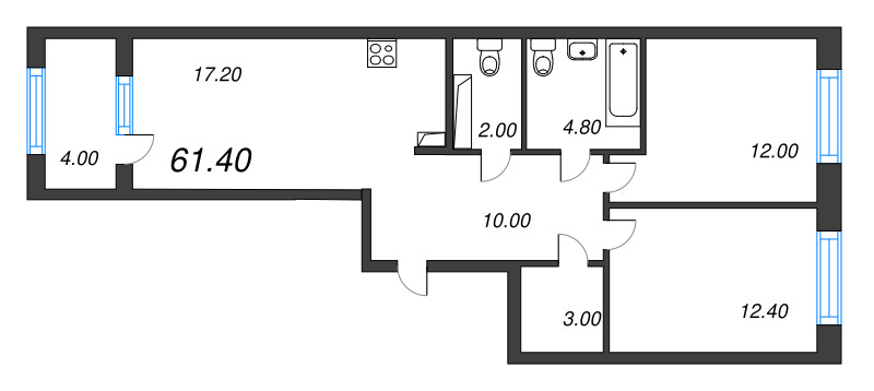 3-комнатная (Евро) квартира, 61.4 м² - планировка, фото №1