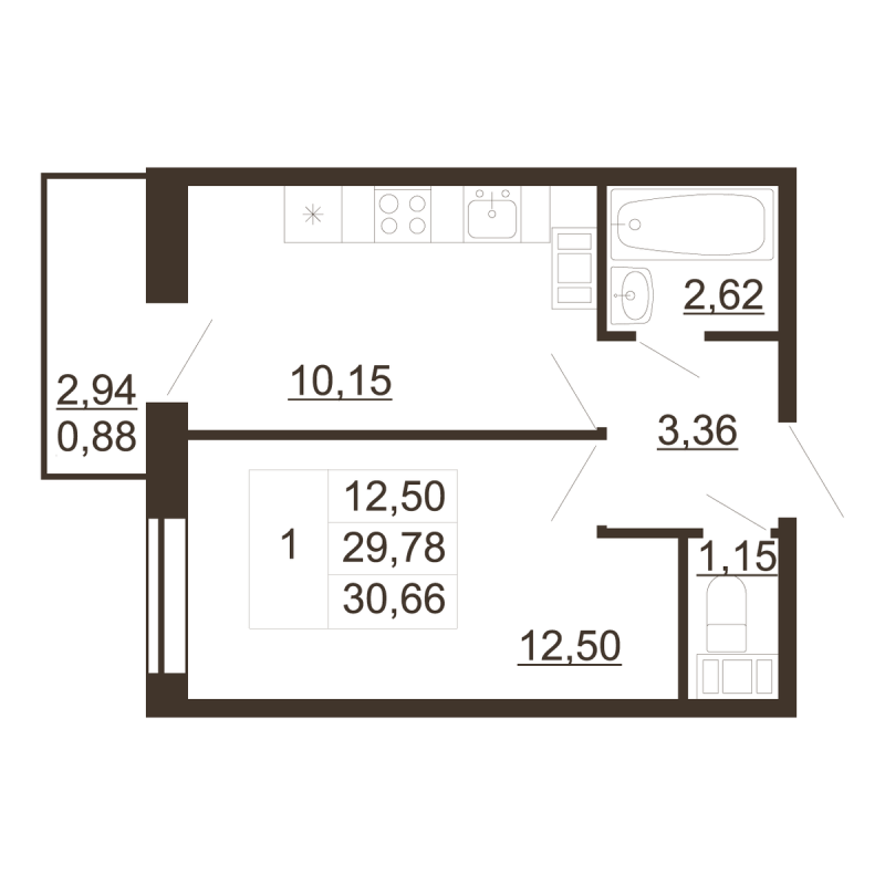 1-комнатная квартира, 30.46 м² в ЖК "Перспектива" - планировка, фото №1