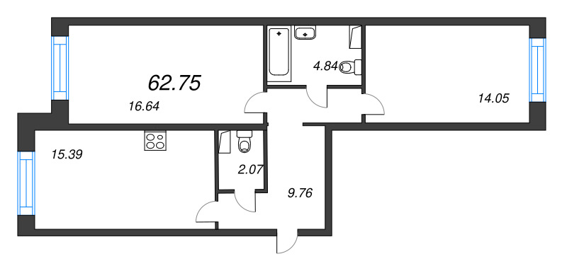 3-комнатная (Евро) квартира, 62.75 м² в ЖК "Остров Первых" - планировка, фото №1