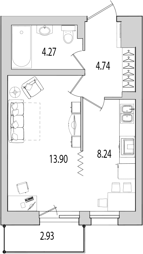 1-комнатная квартира, 34 м² в ЖК "Байрон" - планировка, фото №1