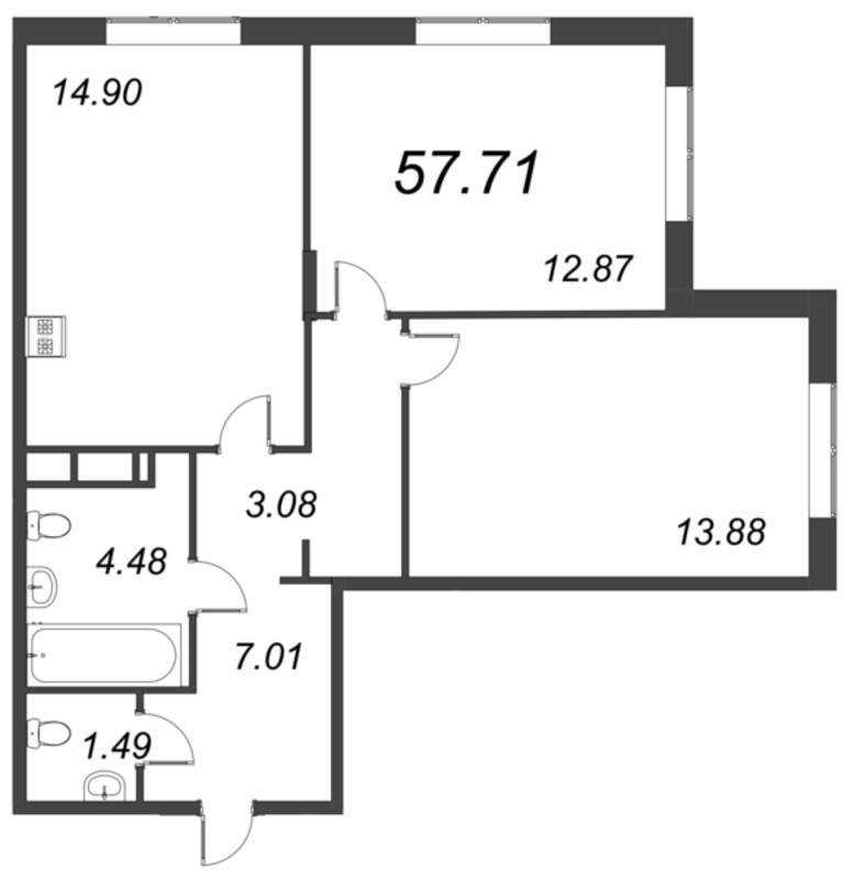 3-комнатная (Евро) квартира, 57.71 м² в ЖК "VEREN NORT сертолово" - планировка, фото №1
