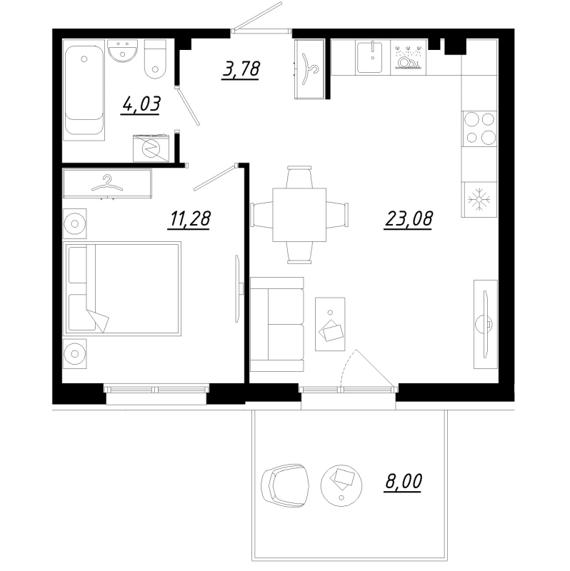 2-комнатная (Евро) квартира, 44.6 м² - планировка, фото №1