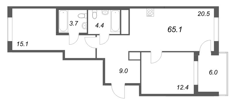 3-комнатная (Евро) квартира, 65.1 м² в ЖК "Передвижники" - планировка, фото №1