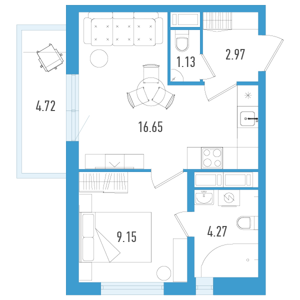 2-комнатная (Евро) квартира, 35.58 м² в ЖК "AEROCITY" - планировка, фото №1