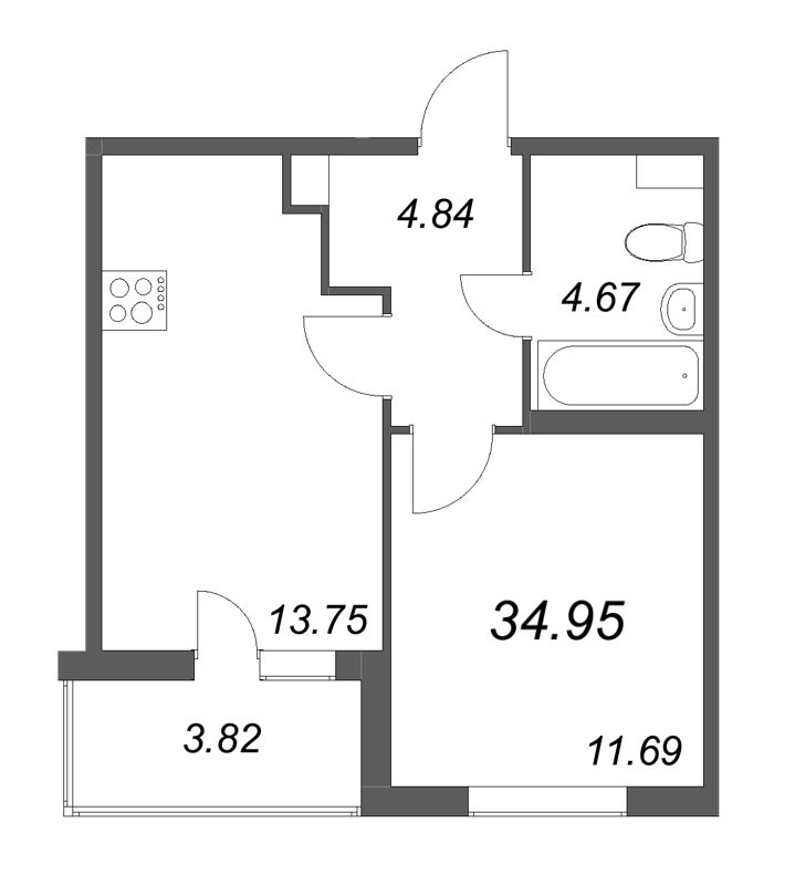 1-комнатная квартира, 34.95 м² в ЖК "Ясно.Янино" - планировка, фото №1