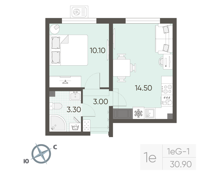 1-комнатная квартира, 30.9 м² в ЖК "Ручьи" - планировка, фото №1