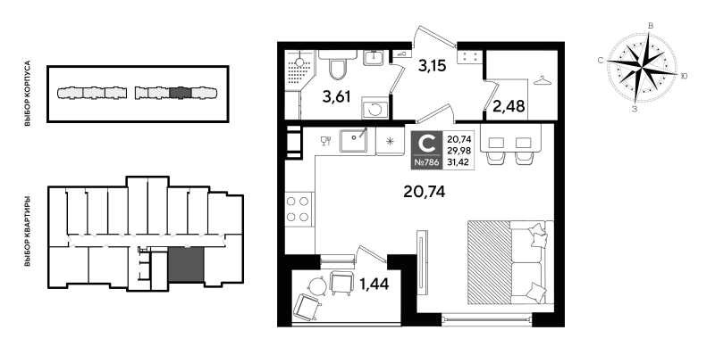 1-комнатная квартира, 38.87 м² в ЖК "Догма Юкки" - планировка, фото №1