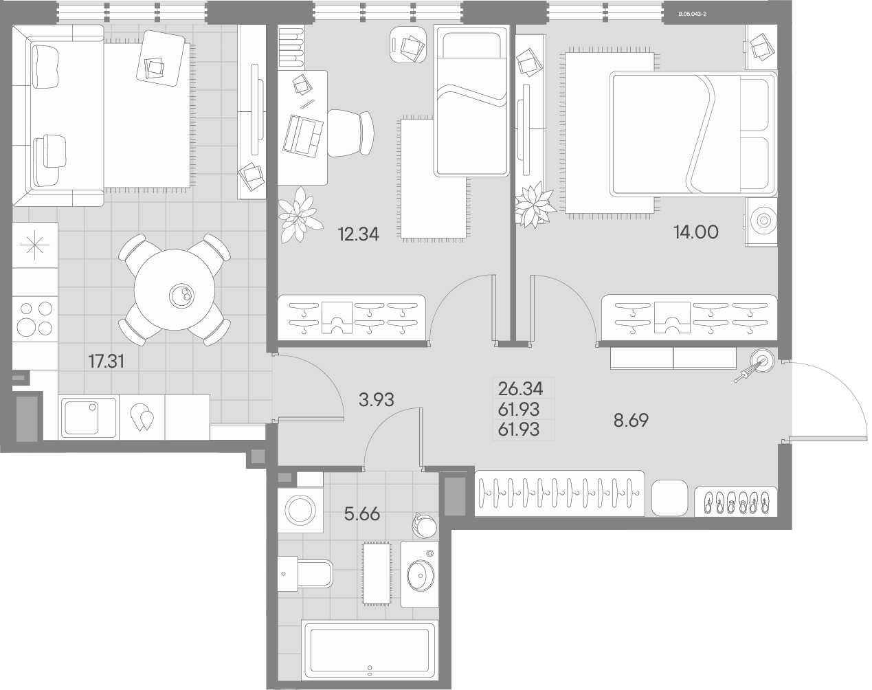 3-комнатная (Евро) квартира, 61.93 м² - планировка, фото №1