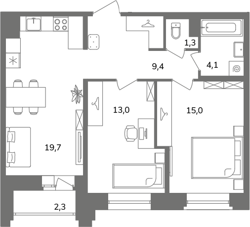 3-комнатная (Евро) квартира, 63.7 м² в ЖК "Антверпен" - планировка, фото №1