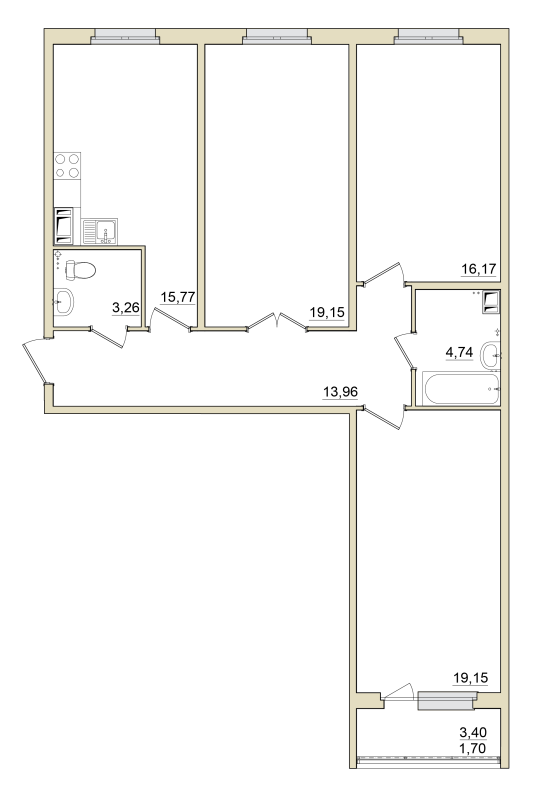 3-комнатная квартира, 93.9 м² - планировка, фото №1