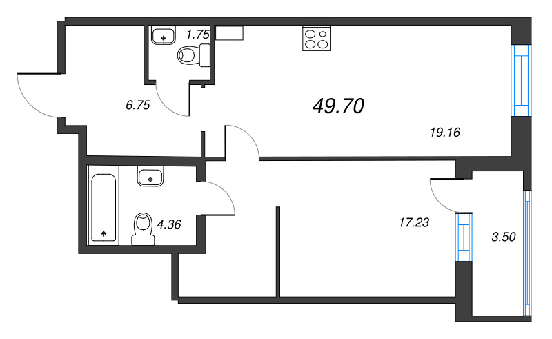 2-комнатная (Евро) квартира, 51.1 м² - планировка, фото №1