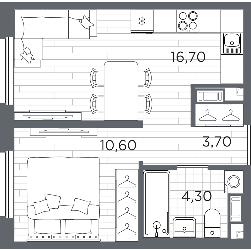 2-комнатная (Евро) квартира, 35.3 м² в ЖК "PLUS Пулковский" - планировка, фото №1