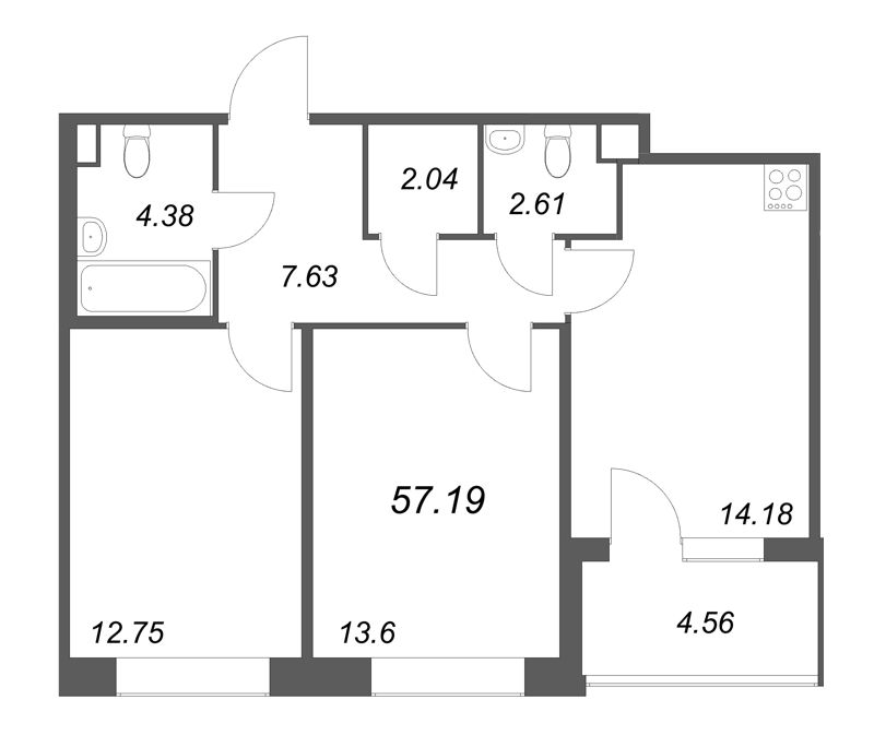 2-комнатная квартира, 57.19 м² в ЖК "Дом на Курской" - планировка, фото №1