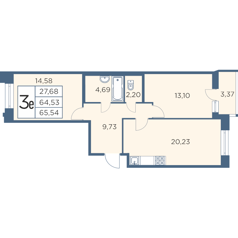 3-комнатная (Евро) квартира, 65.22 м² - планировка, фото №1
