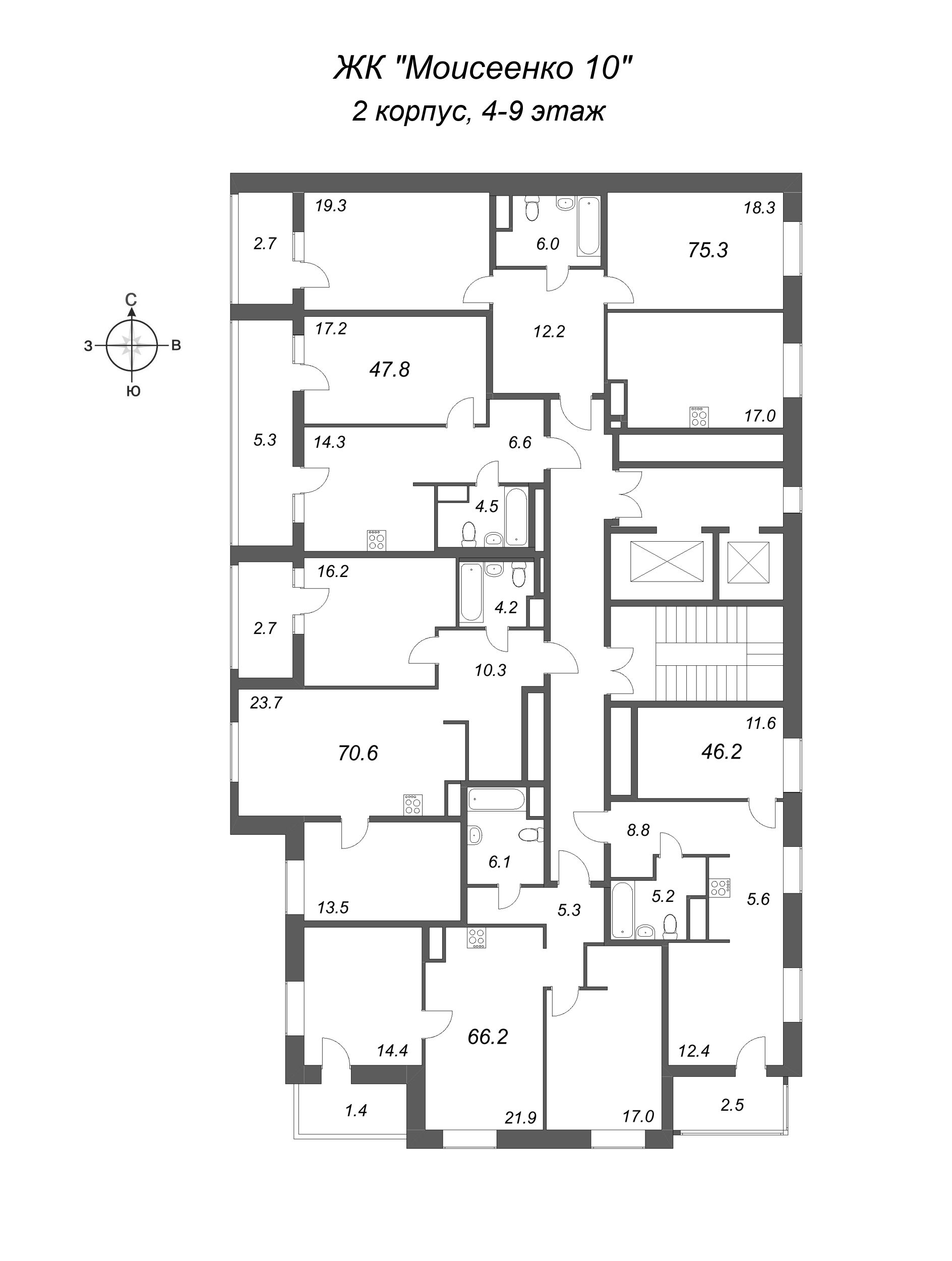 2-комнатная квартира, 75.3 м² - планировка этажа