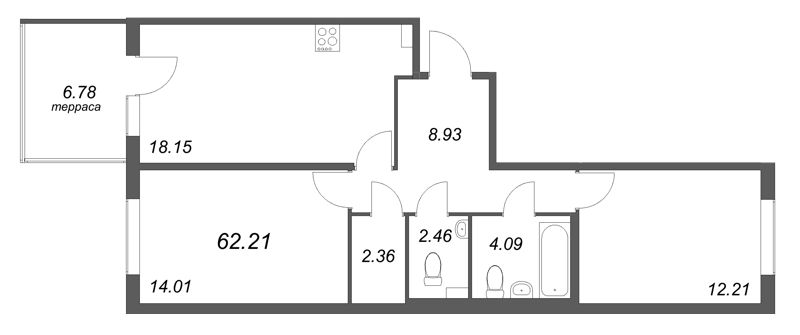 3-комнатная (Евро) квартира, 62.21 м² - планировка, фото №1