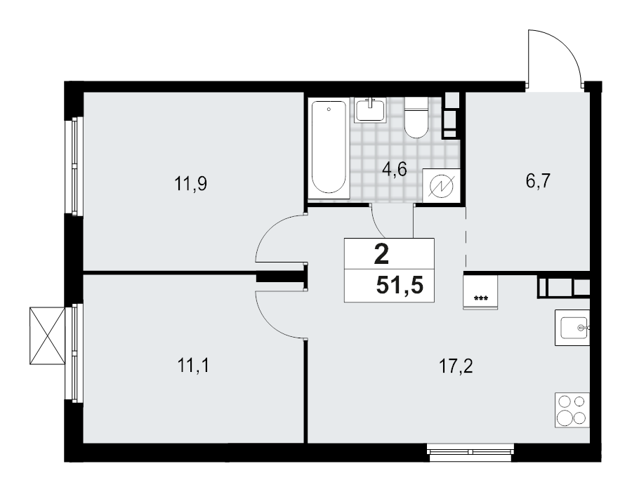 3-комнатная (Евро) квартира, 51.5 м² - планировка, фото №1